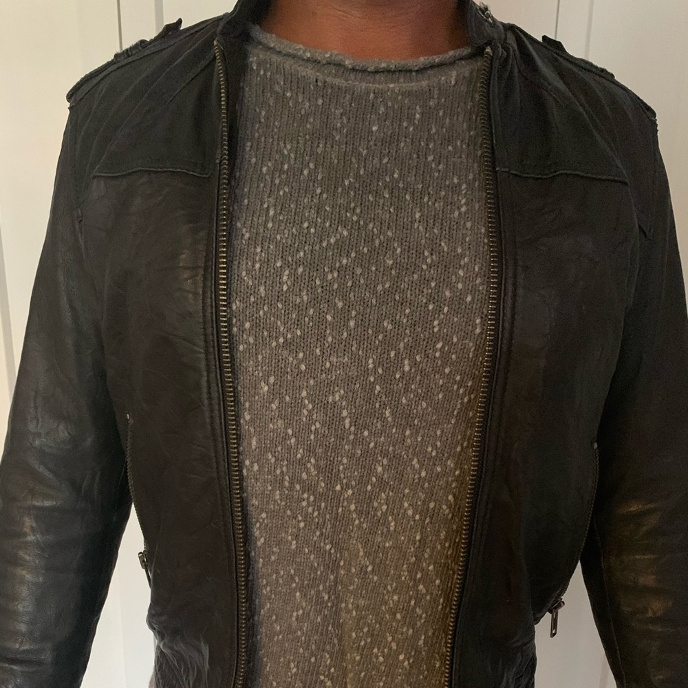 H&m black leather moto jacket real leather